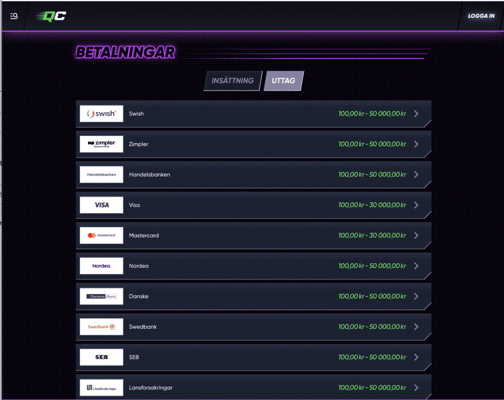 Betalningar Quick Casino