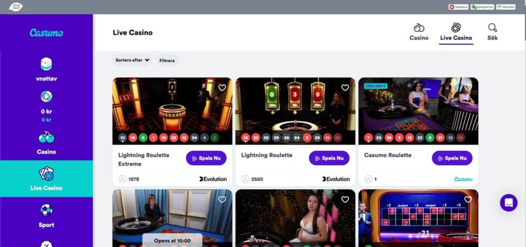 Casumo live roulette lobby