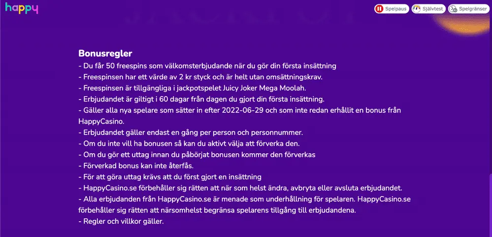 Bonusregler för Happy Casino