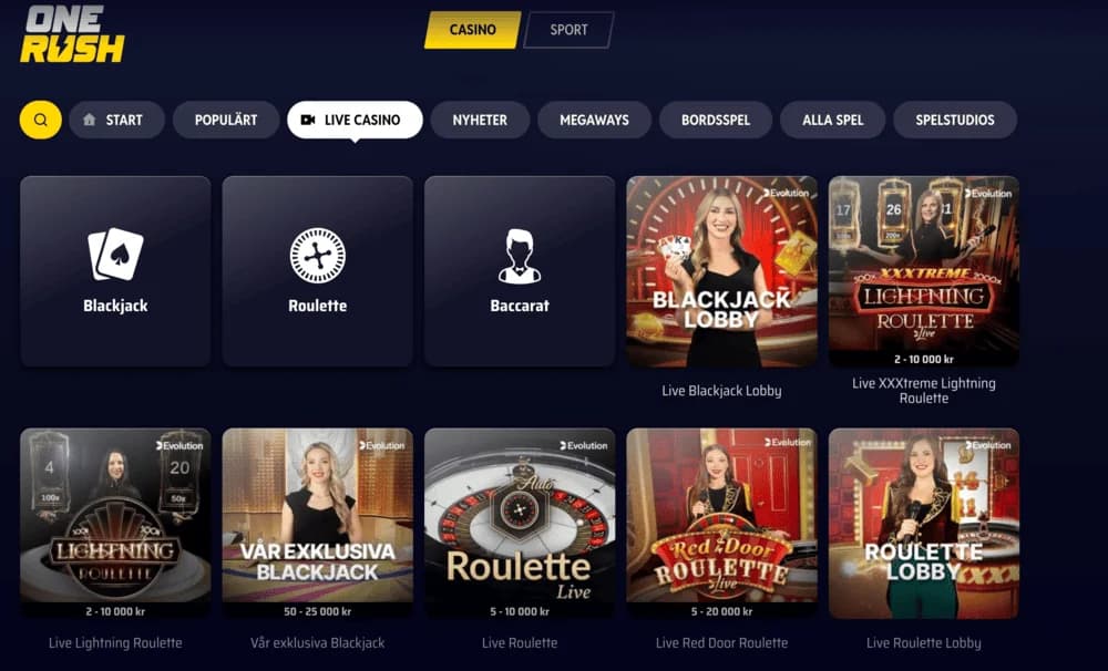Live casinot hos Onerush
