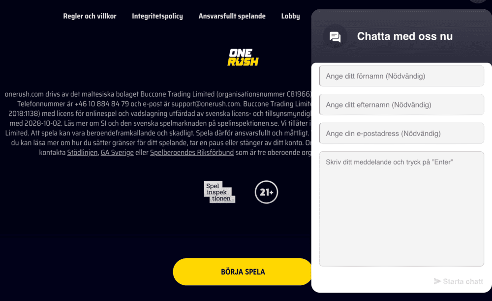 Onerush casino kundtjänst