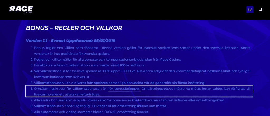 Race Casino bonusvillkor