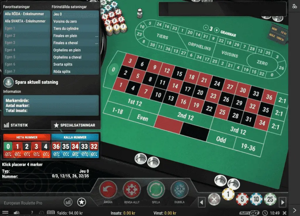 Placera insats i roulette online