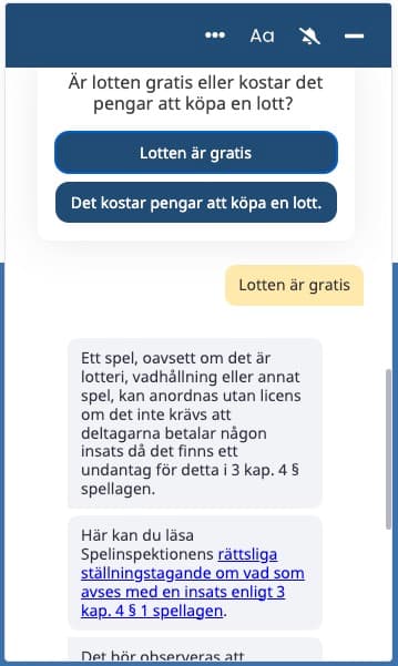 Svar från Spelinspektionens chat