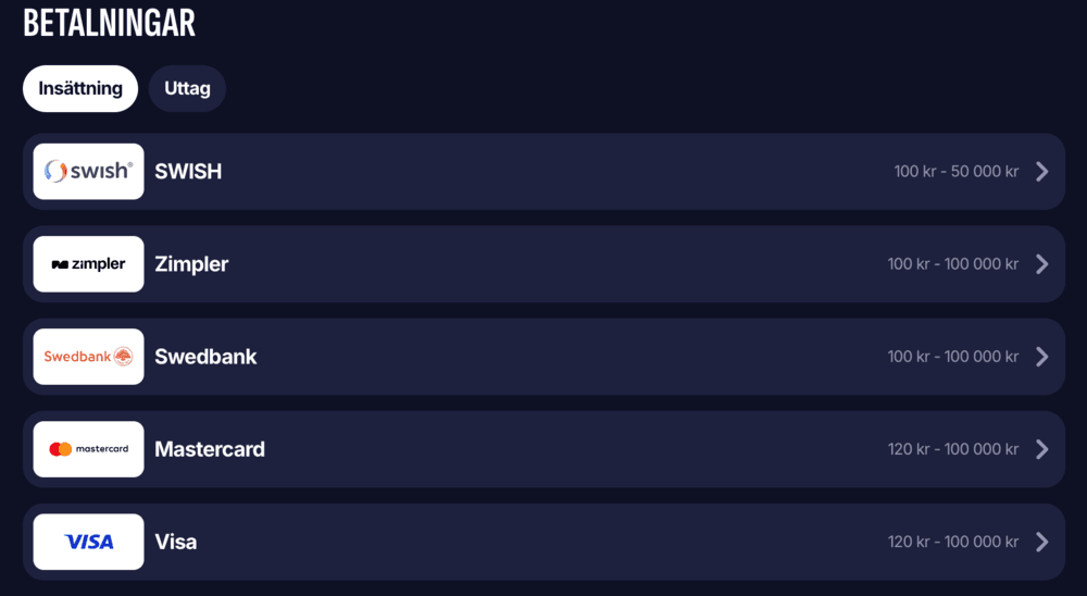 Swiper Casino betalningar