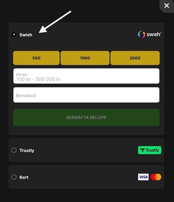 Spela med Swish hos Bethard