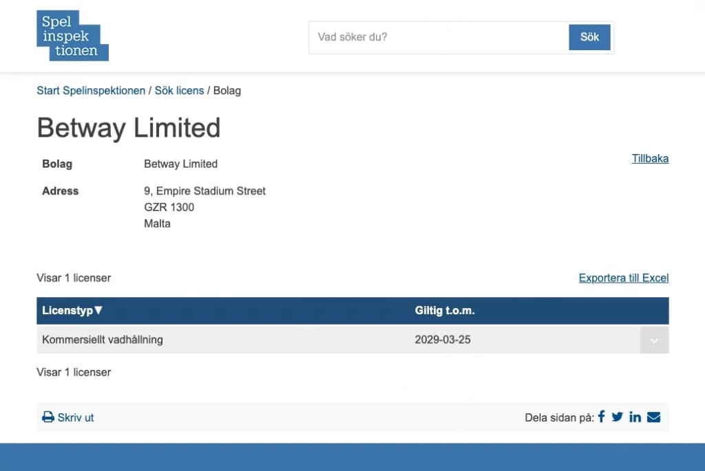 Betways spellicens hos Spelinspektionen