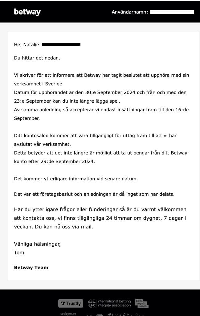 Vårt mail från Betway