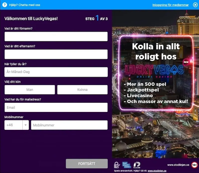 Registreringsformuläret på LuckyVegas