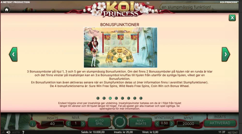 Koi Princess specialfunktioner översikt