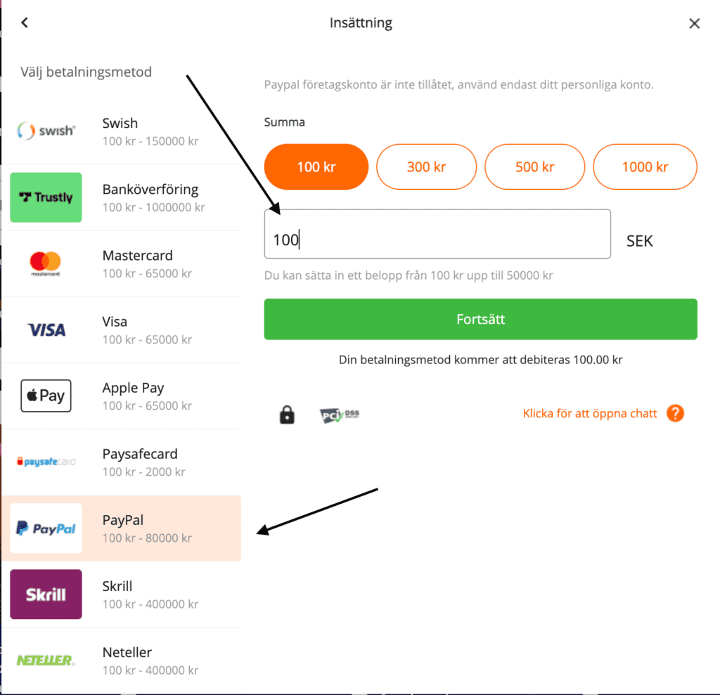 Välj PayPal som betalningsmetod