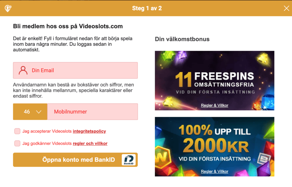 Registrering hos Videoslots