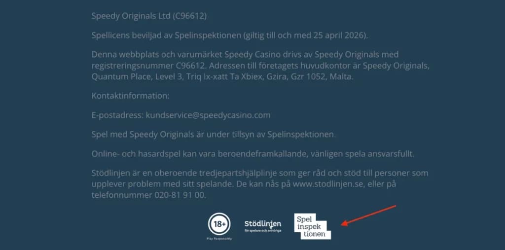Speedy Casino information om spellicens