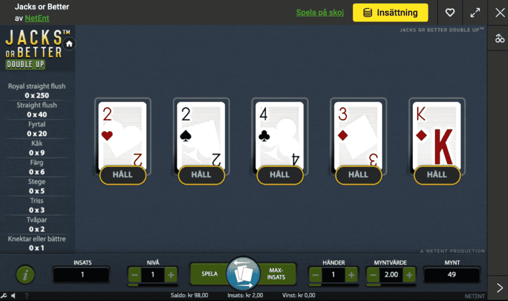 Starta spelet - Videopoker