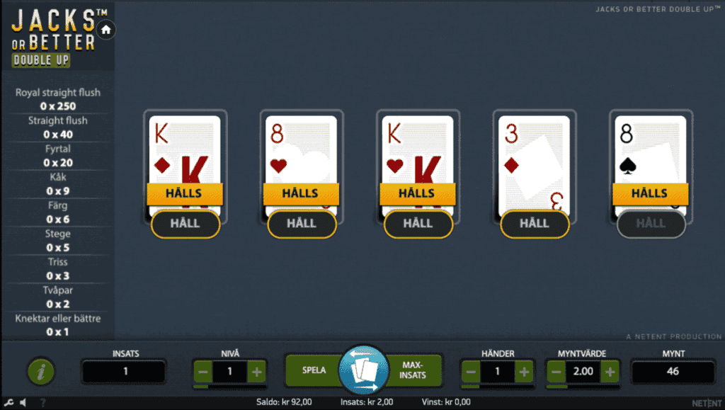 Välj vilka kort du ska behålla i Videopoker