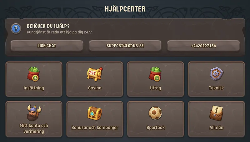 Kundtjänst och hjälpcenter hos Lodur Casino