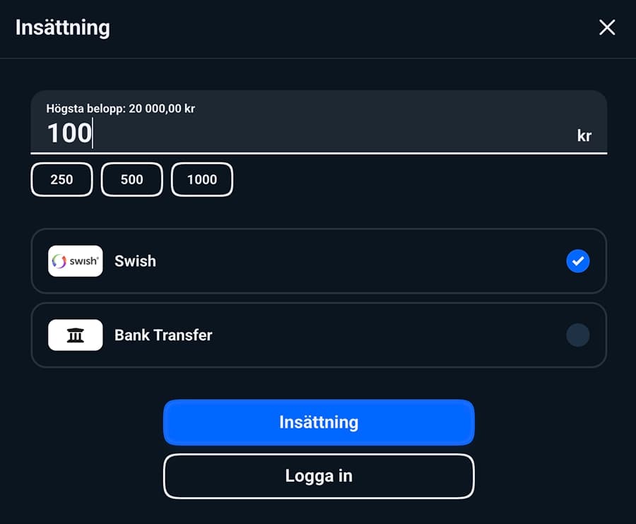 Insättning och registrering hos Svajpa Casino